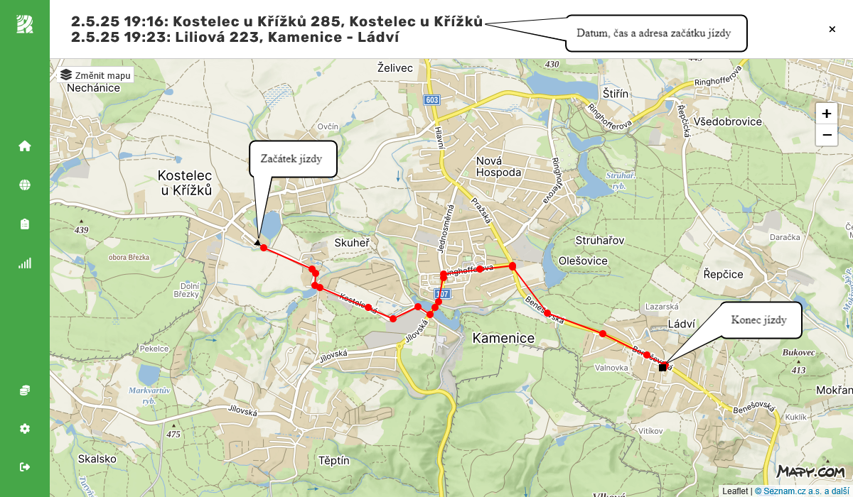 Zobrazení jízdy na mapě