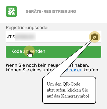 Geben Sie den Registrierungscode ein oder scannen Sie ihn