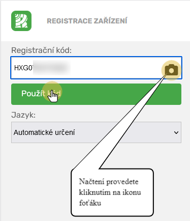 Vyplňte nebo načtěte registrační kód